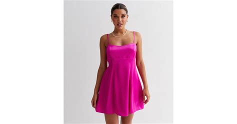 Bright Pink Satin Square Neck Strappy Mini Dress New Look