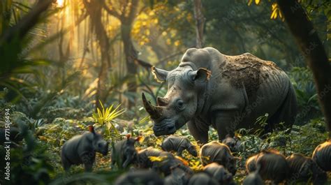 Rhino Standing Amidst A Serene Jungle Clearing At Sunrise Concept Of