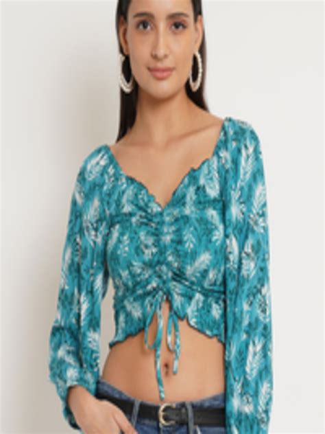 Buy Ix Impression Turquoise Blue Floral Print Sweetheart Neck Smocked Crepe Crop Top Tops For