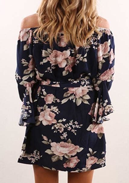 Floral Off Shoulder Flare Sleeve Mini Dress With Belt Fairyseason