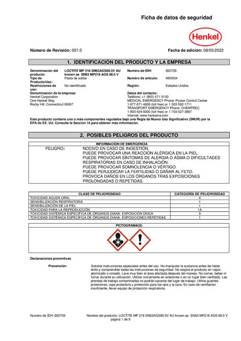 Pasta de soldadura fds Ficha de datos de seguridad Número de