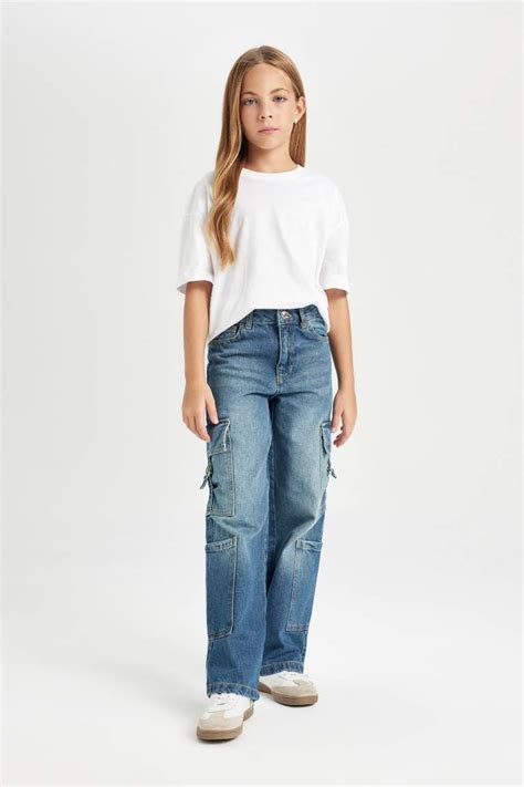 Bleu Fonc Filles Pantalon Cargo Jambes Larges Defacto