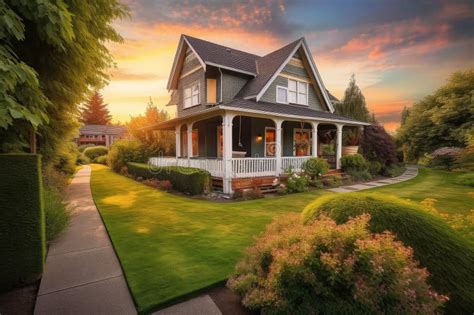 Cozy House Exterior With Lush Green Garden Inviting Porch And