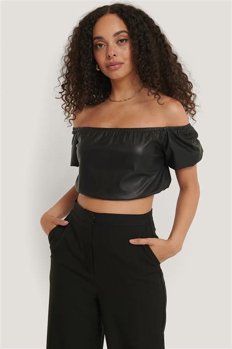 Pu Puff Sleeve Cropped Top Black Na