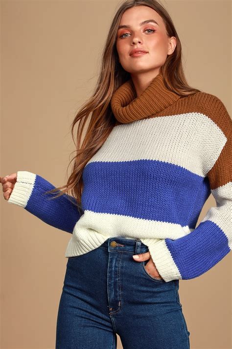 Cute Turtleneck Sweater Striped Sweater Color Block Sweater Lulus