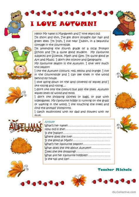 I Love Autumn Reading For Detail D English ESL Worksheets Pdf Doc