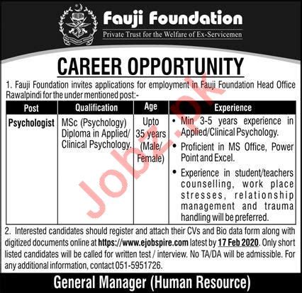 Fauji Foundation Rawalpindi Jobs For Psychologist 2023 Job