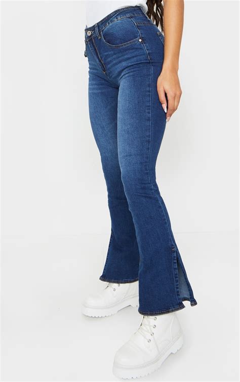 Indigo Side Split Hem Flared Jeans Denim Prettylittlething Usa