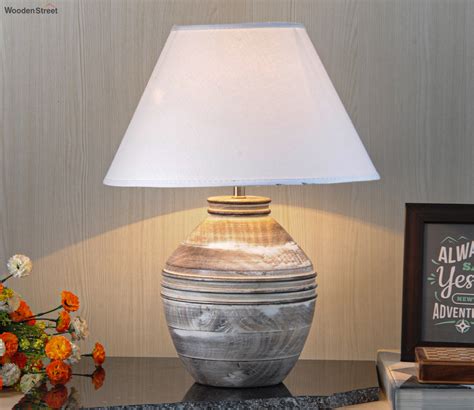 Buy Harmony Natural Carved Wood Table Lamp With Cotton Shade White At