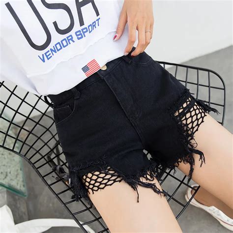 2019 Summer Denim Shorts Female Korean High Waist Street Fishnet Black