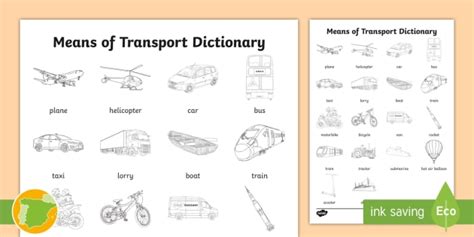 A2 Diccionario para colorear Medios de transporte en inglés