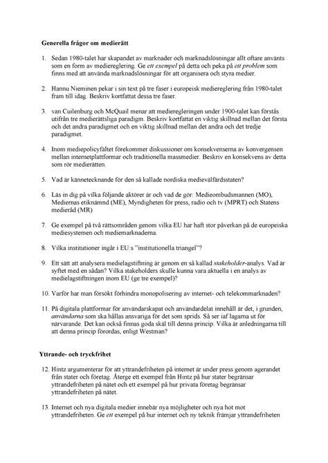 Instuderingsfrågor 2023 Generella frågor om medierätt Sedan 1980