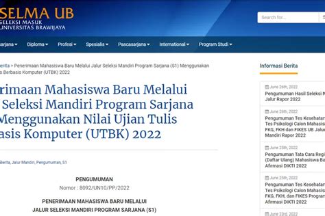 Biaya Pendaftaran Seleksi Mandiri Ub Atau Universitas Brawijaya Malang Jalur Nilai Utbk 2022