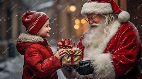 Premium Ai Image Santa Claus Giving A T To A Child With A Snowy