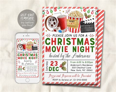 Christmas Movie Night Invitation Editable Template, Xmas Holiday Movie ...