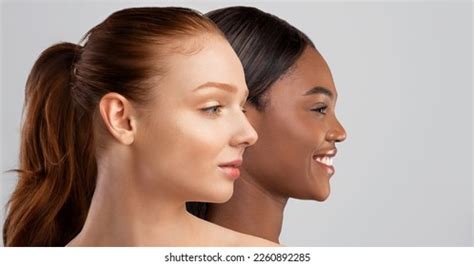 Diversity Beauty Sensual Smiling Darkskinned Pale Stock Photo