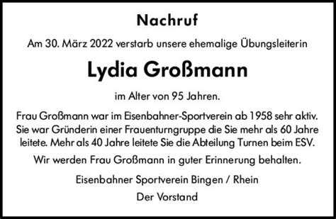 Traueranzeigen Von Lydia Gro Mann Vrm Trauer De