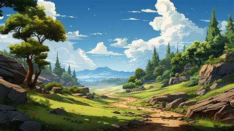 Premium Photo | Forest path with trees and rocks Cartoon illustration