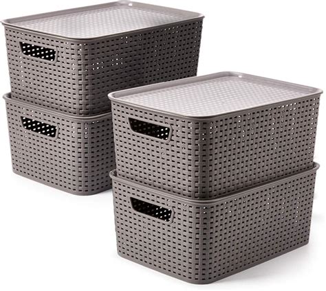 Ezoware Pack Of 4 Large Lidded Plastic Baskets Stackable Knitted