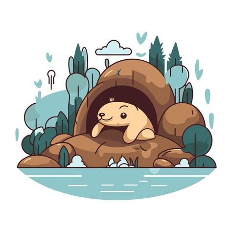 Lontra De Desenho Animado Bonita Em Uma Caverna No Rio Ilustra O