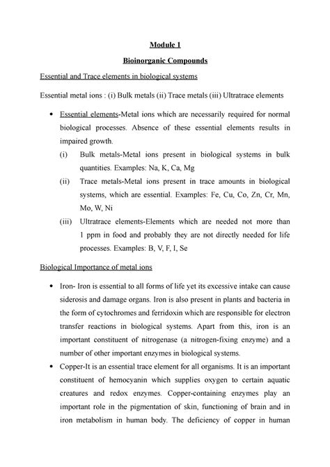 Essential And Trace Elements Notes Module Bioinorganic Compounds