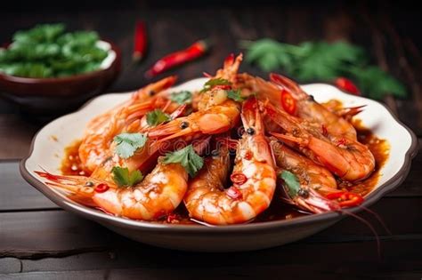 Dish Of Tiger Shrimp Prawns Cooked With Spicy And Flavorful Sauce