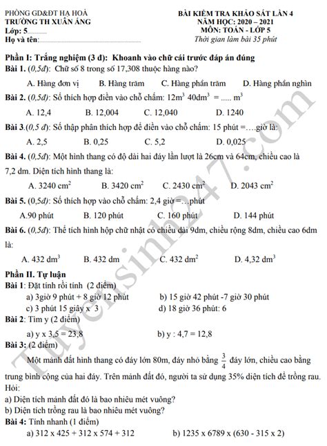 Đề thi học kì 2 lớp 5 môn Toán