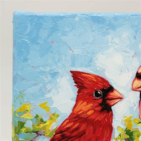 Pair Cardinal Birds Oil Painting Original On Canvas Male Female