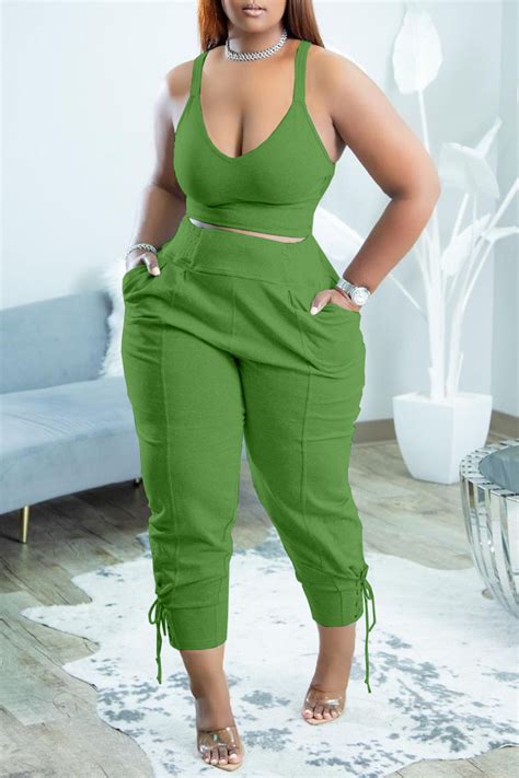 Wholesale Green Sexy Solid Patchwork V Neck Plus Size Two Pieces Ws59576 3