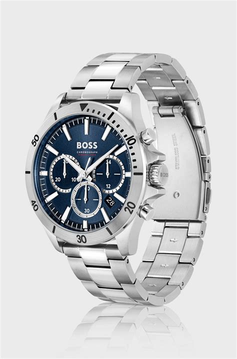 Boss Blue Dial Chronograph Watch With Link Bracelet Silver