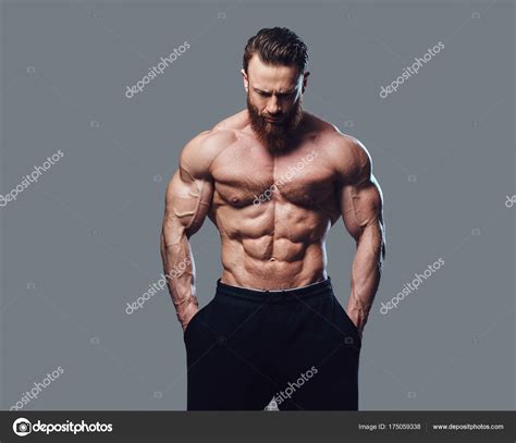 Portrait Bearded Shirtless Bodybuilder Grey Background Stock Photo By