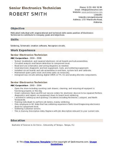 Senior Electronics Technician Resume Samples | QwikResume