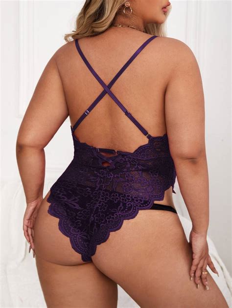 Classic Sexy Plus Floral Lace Scallop Trim Cross Back Teddy Bodysuit