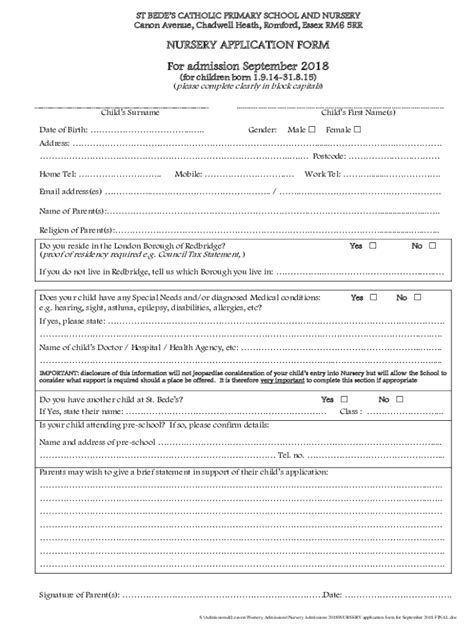 Fillable Online Nursery Application Form For Admission September Fax Email Print Pdffiller