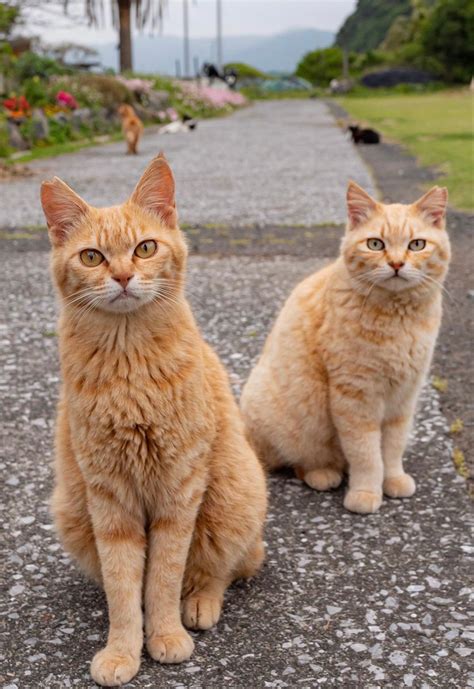 Two Orange Cats Sitting On Top Of A Sidewalk