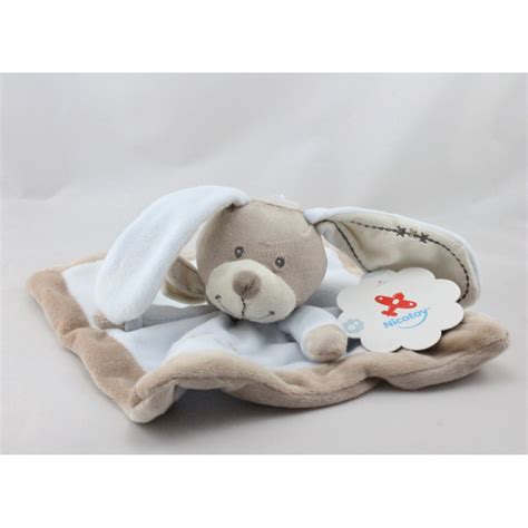 Doudou plat carré lapin beige bleu NICOTOY