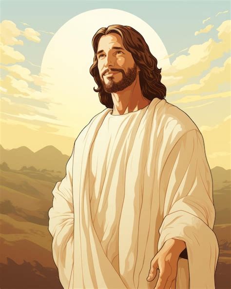 Premium Ai Image Jesus Standing In Front Of A Mountain With A Sun In