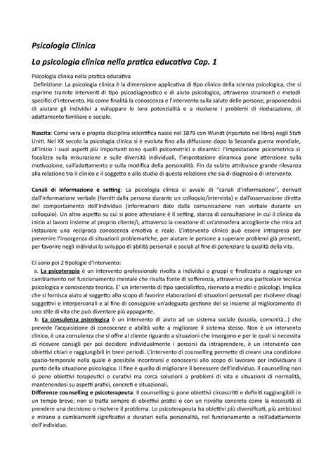 Psicologia Clinica Cap 1 Psicologia Clinica La Psicologia Clinica Nella Pratica Educativa Cap