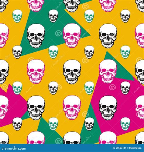 Colorful Skulls Print Skull Seamless Pattern Hand Drawn Swatch With