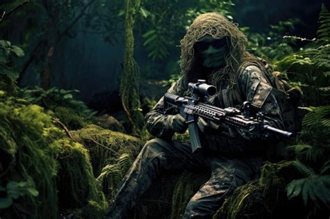 Concepto De Guerra Hombre Militar Con Ametralladora En El Bosque