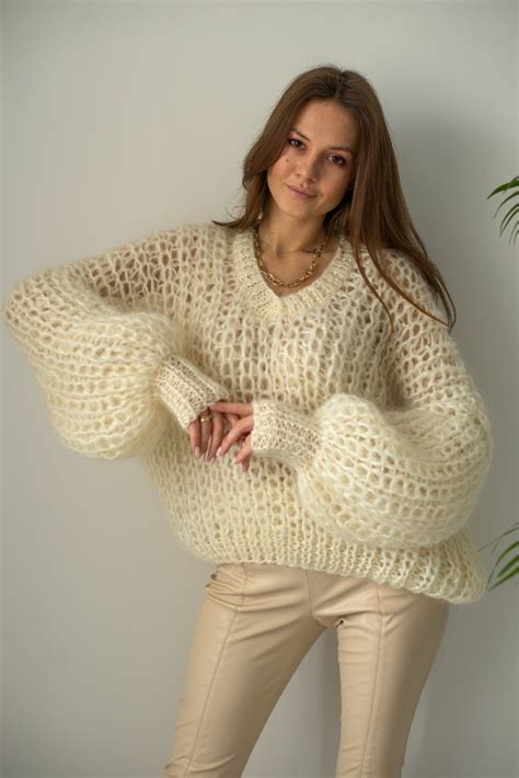 Knit Mohair Sweater Oversized Knitted Sweater Mohair Fall Pullover Christmas Sweater Hand