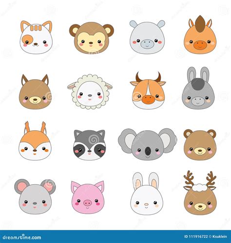 Cute Animals Faces. Big Set of Cartoon Kawaii Wildlife and Farm Animals ...