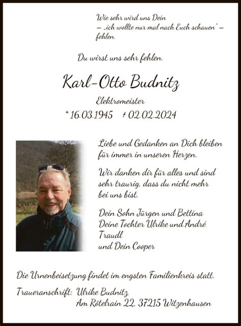 Traueranzeigen Von Karl Otto Budnitz Trauer Hna De