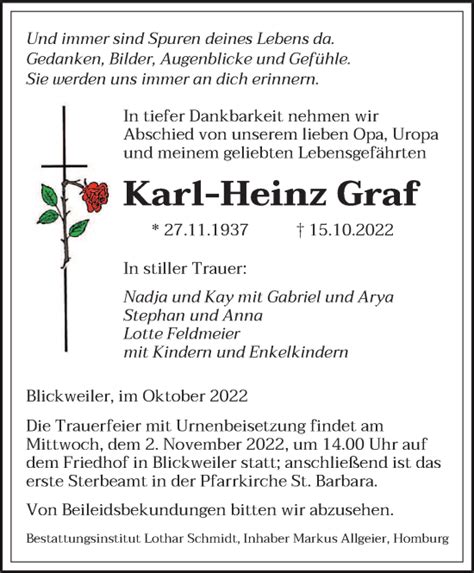 Traueranzeigen Von Karl Heinz Graf Saarbruecker Zeitung Trauer De