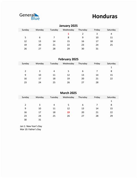 Printable Quarterly Calendar With Notes And Honduras Holidays Q1 Of 2025