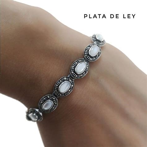 Pulsera de Plata vieja con Nácar Piedras Marcasitas