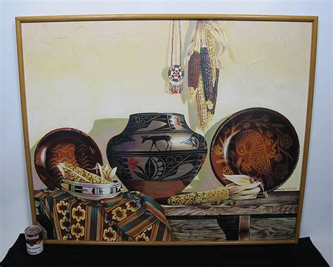 Large Oil On Canvas Native American Pottery And Maize Painting Janson