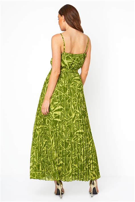 Abstract Print Pleated Maxi Dress In Green Roman Originals Uk