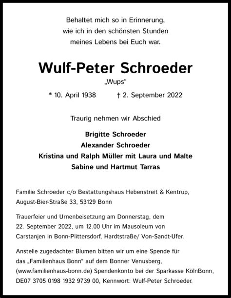 Traueranzeigen Von Wulf Peter Schroeder WirTrauern