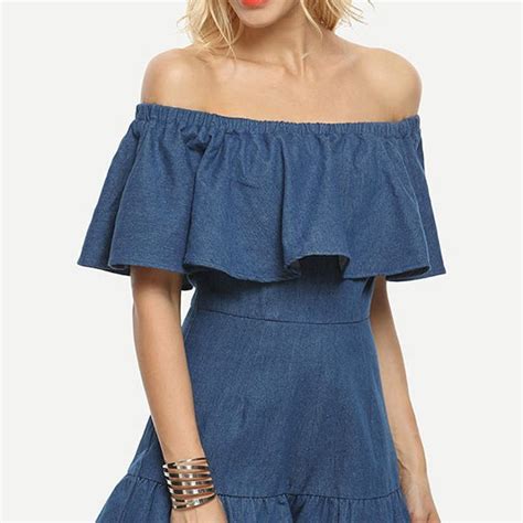 Off The Shoulder Denim Romper With Flounce Design